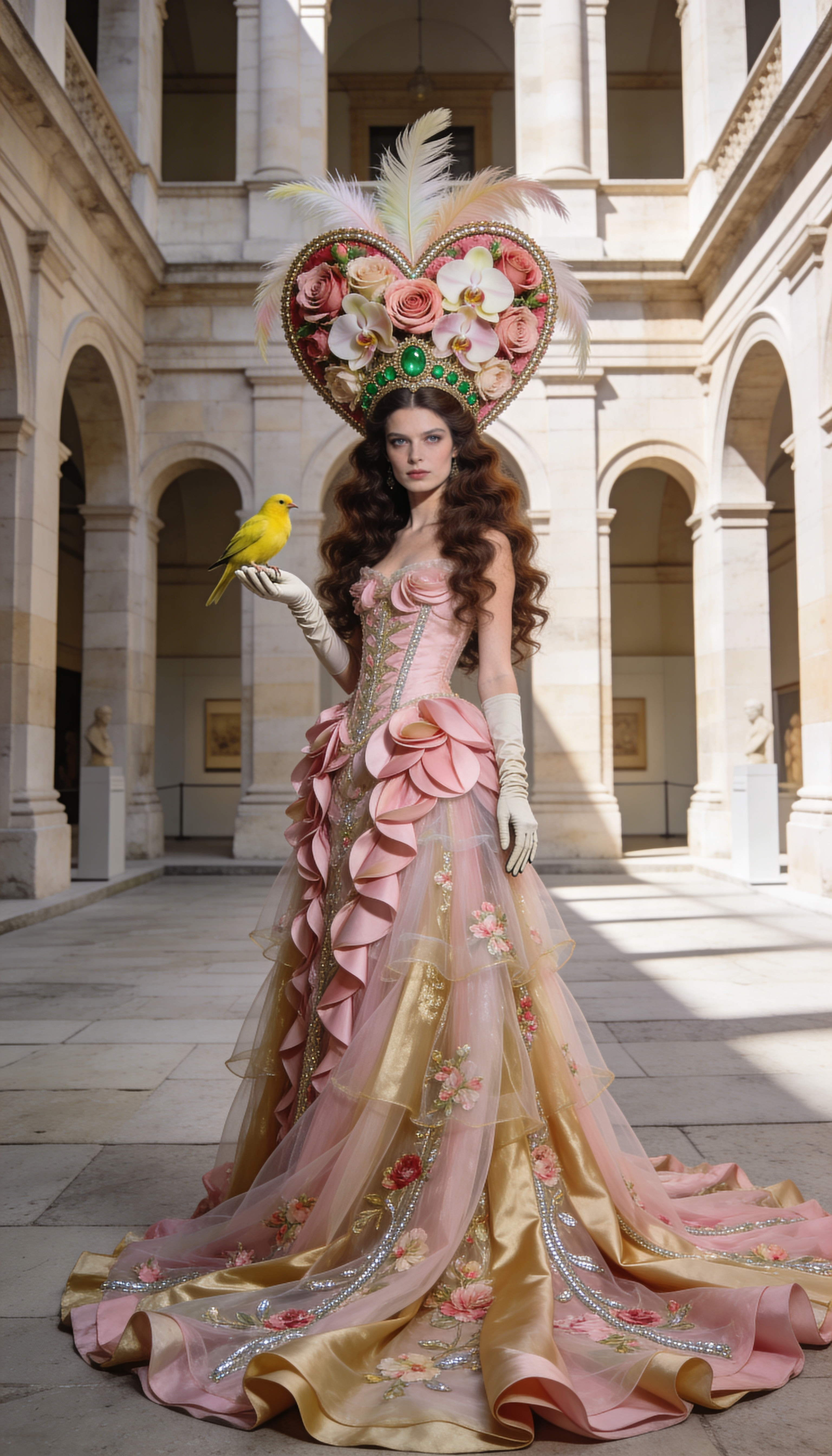 Portrait in pink couture gown with bird