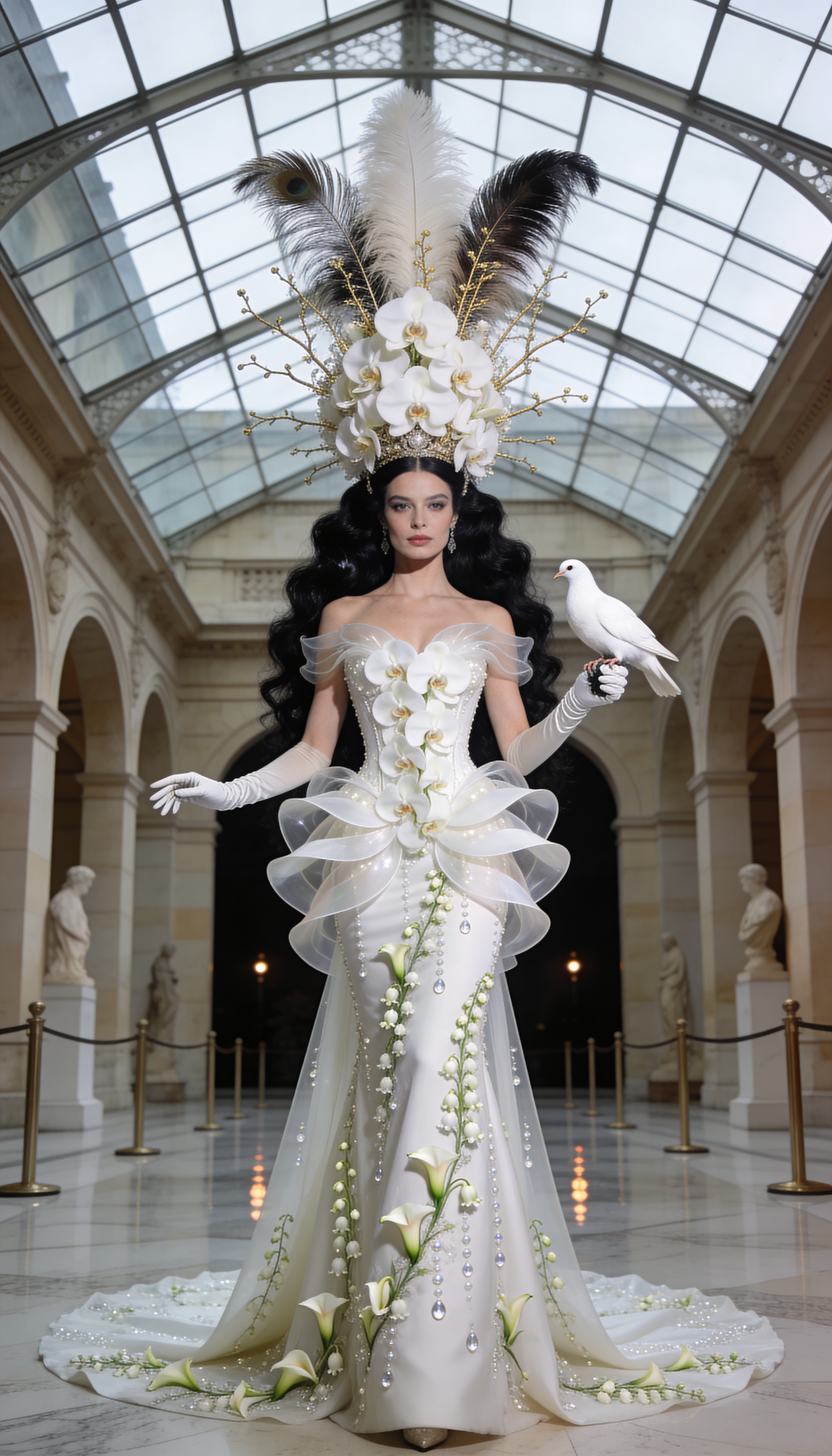 Portrait in white orchid gown with dove