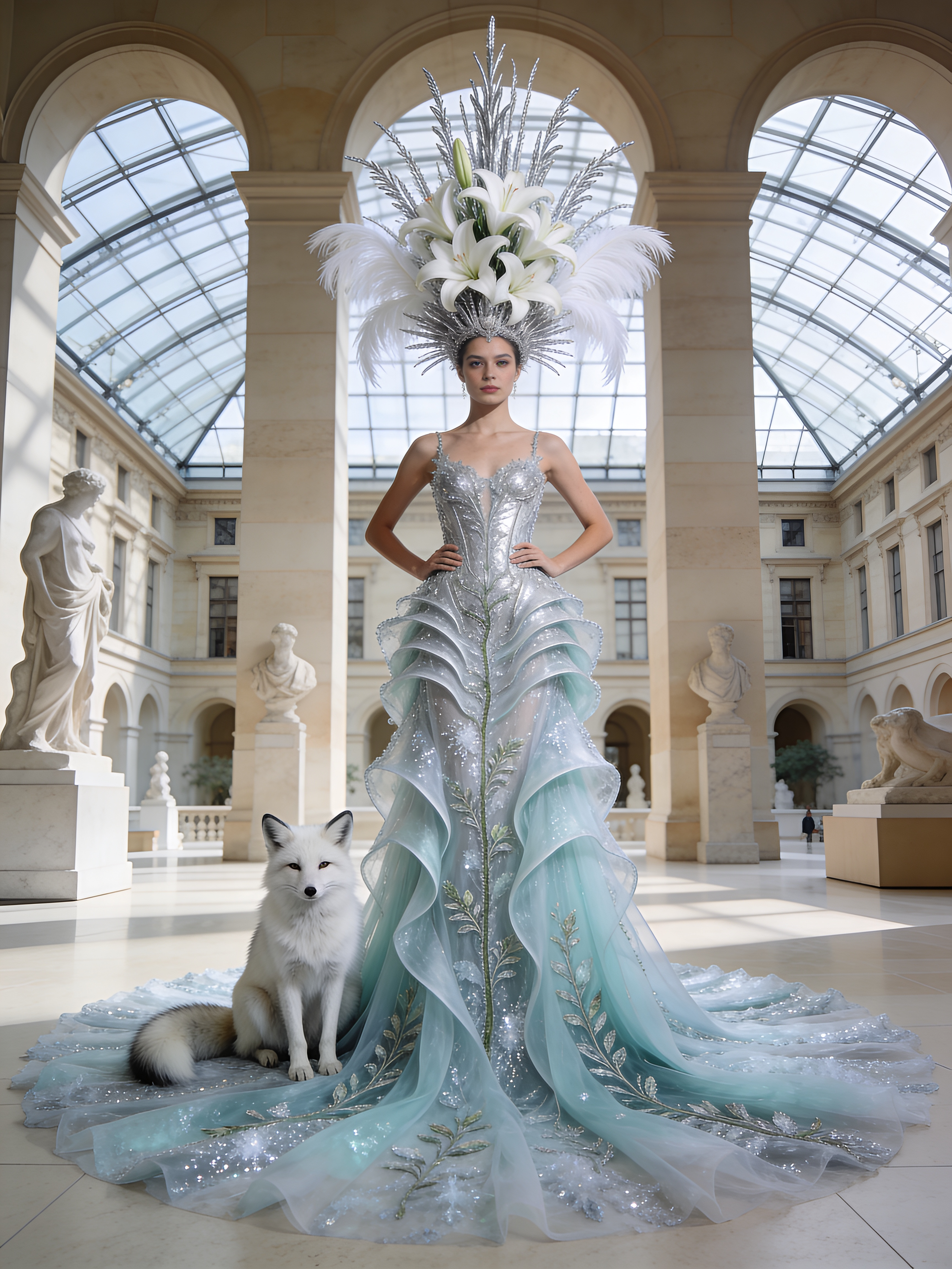 Luxury portrait of woman in crystalline gown with white fox companion